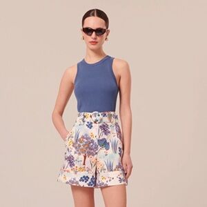 Tara Jarmon NWT Belted Shelby 100% Cotton Blue Floral Printed High Waist Shorts